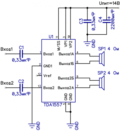 Принципиальная схема усилителя на микросхеме TDA1557Q