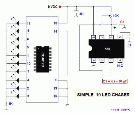 Led chaser using 555 and CD4017B
