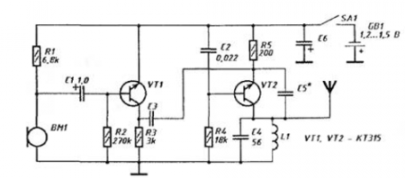 Схема простого радиомикрофона на двух транзисторах КТ315