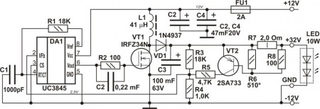 Схема мощного 12В драйвера для светодиодов с питанием от 34В.