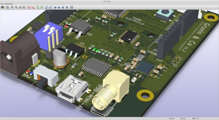 Программа pcbnew из комплекса KiCAD - вид печатной платы в 3D