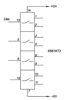 Микросхема К561КТ3 - 4 электронных ключа в одном корпусе.