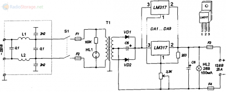 Принципиальная схема блока питания на 14В 20-25А (9xLM317).