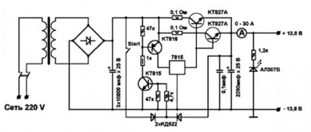 Стабилизатор напряжения на 13В и ток 20А. Микросхема 7815 и транзисторы КТ827