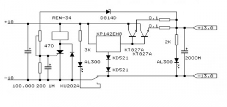 Схема простого стабилизатора напряжения на 13В и ток до 20А на микросхеме ЕН8 и транзисторах КТ827