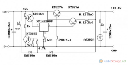 Схема простого стабилизатора напряжения на 13В и ток до 20А на микросхеме ЕН8 и транзисторах КТ827 (вариант 2)
