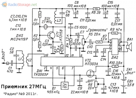 Принципиальная схема приемника для Си-Би связи на микросхеме TA2003, частота - 27МГц.