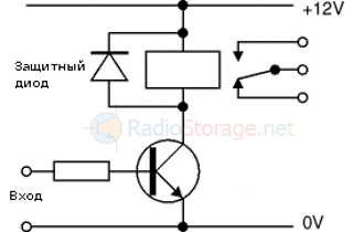 Схема ключа на транзисторе для управления обмоткой реле