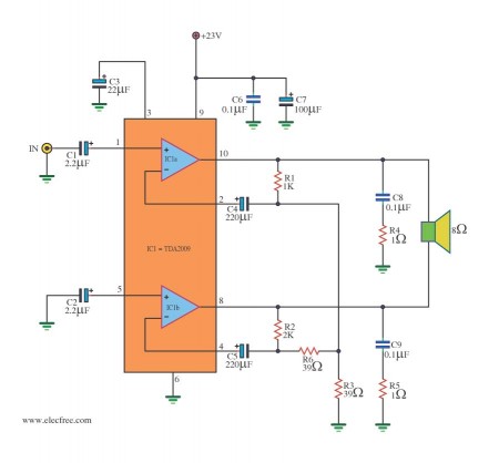 Усилитель на микросхеме TDA2009 мостовое включение