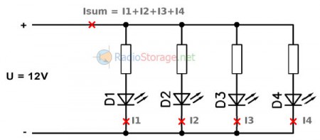 Схема подключения 4х маломощных светодиодов к источнику питания +12В