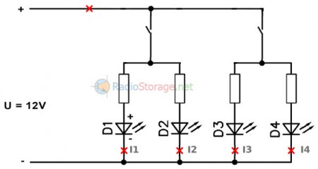 Пример схемы коммутации двух пар светодиодов