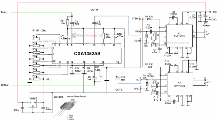 Схема подключения усилителя мощности на микросхемах TDA1562Q к эквалайзеру на микросхеме CXA1352AS