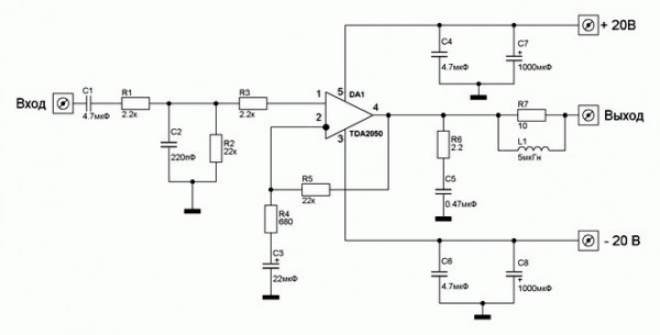 Схема усилителя звука на микросхеме TDA2050