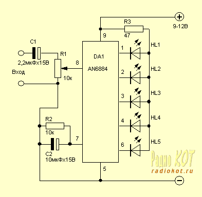 Схема индикатора уровня сигнала на AN6884